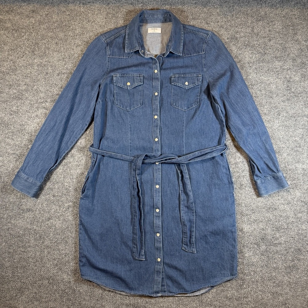 UNTUCKit Kate Shirt Dress Womens 10‎ Blue Denim Cotton Pearl Snap Pockets Belted